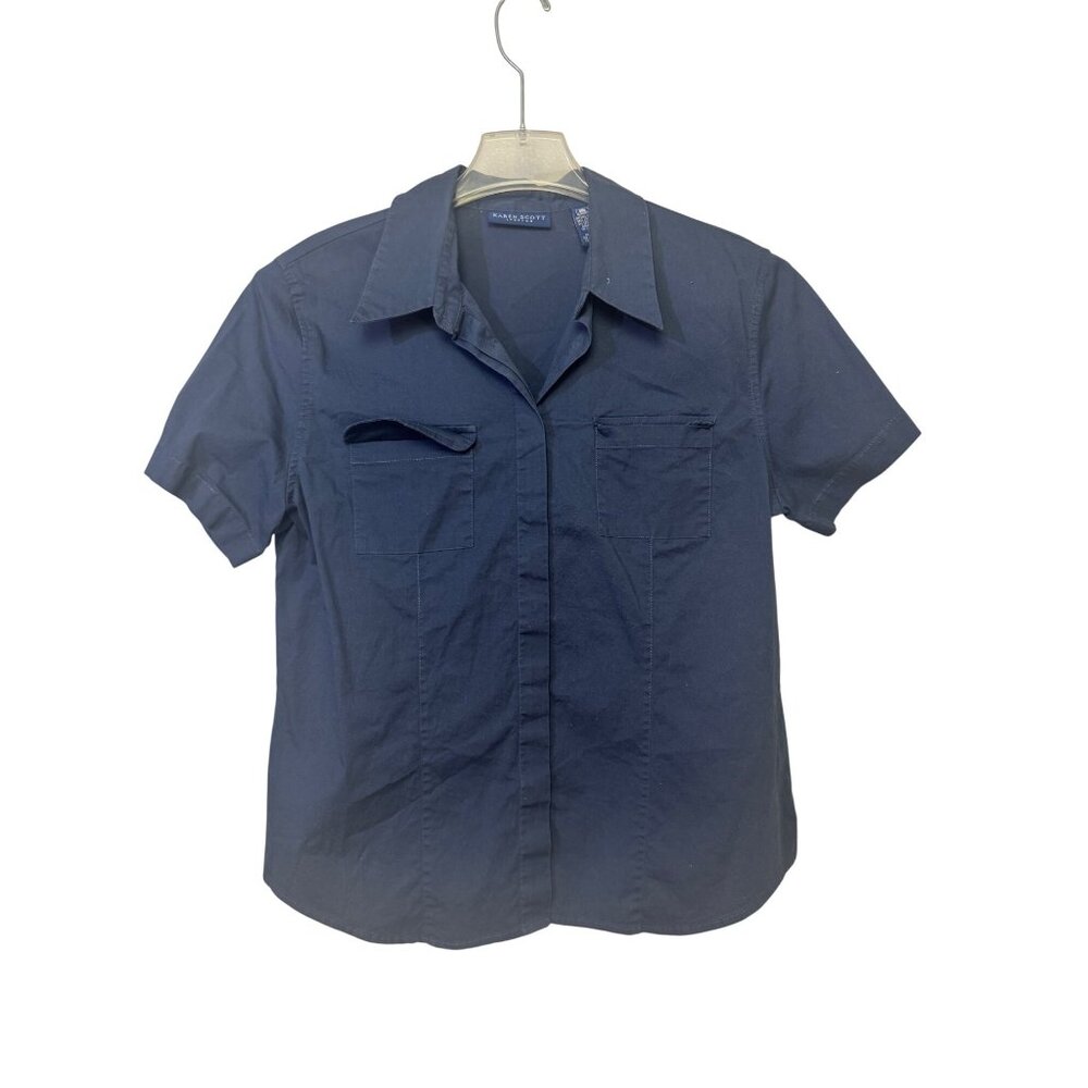 Karen Scott Size Large Button Down Navy Short Sleeve Stretch Cotton Shirt - Picture 6 of 8